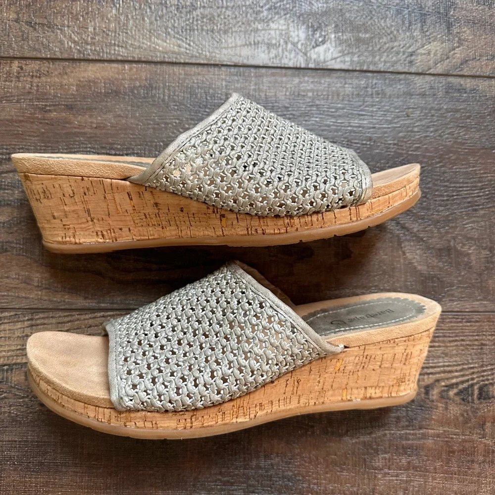 BareTraps Metallic Taupe Woven Cork Wedge Slides